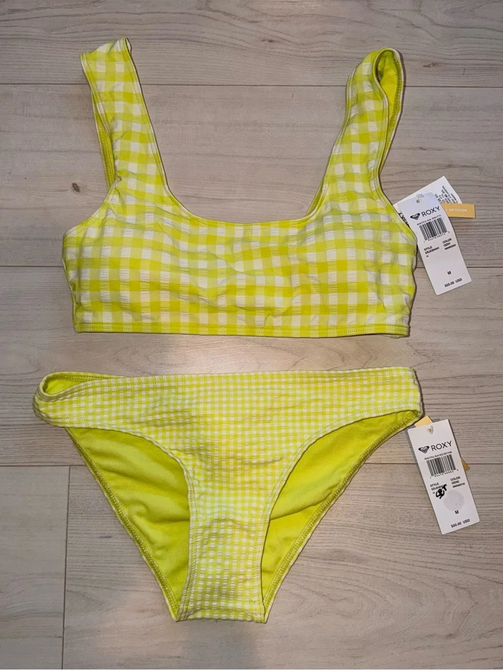 Roxy Yellow/Green Gingham Bikini Set NWT